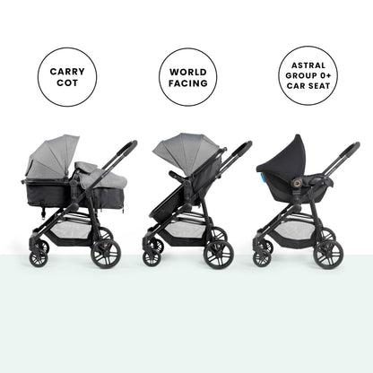 Ickle Bubba Star 3-in-1 Travel System with Astral Group 0+ Car Seat – Convertible Pram & Pushchair, Suitable from Birth to 15kg (Approx. 3 Years*), Spacious Basket & All-Terrain Wheels (Space Grey)