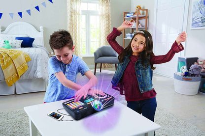 VTech Kidi DJ Mix black toy DJ mixer for kids with lights, effects, 15 tracks, and multiple music styles.