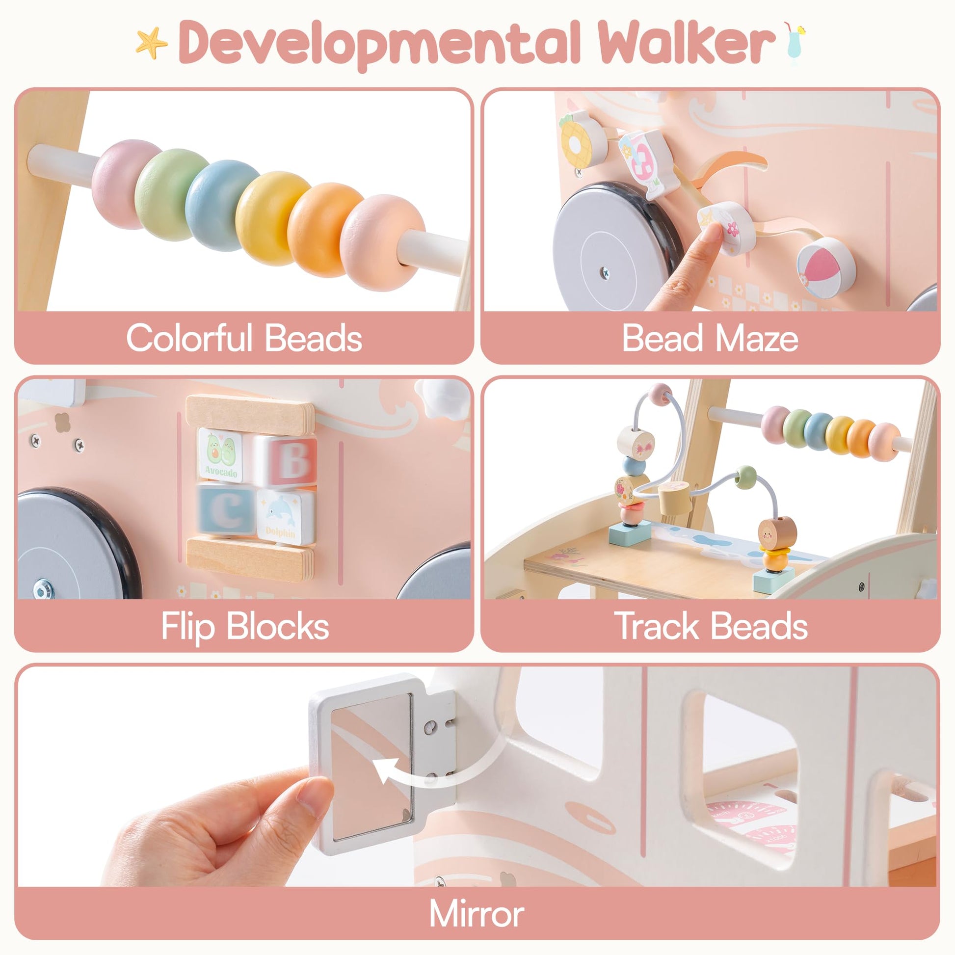 ROBUD Wooden Baby Walker with tropical beach bus design, adjustable height, interactive push toy for toddlers learning motor skills.