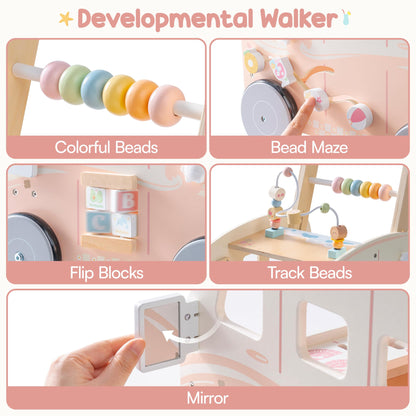 ROBUD Wooden Baby Walker with tropical beach bus design, adjustable height, interactive push toy for toddlers learning motor skills.