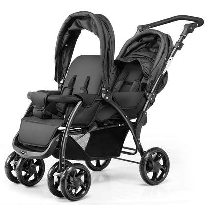 COSTWAY double seat pushchair with foldable design, adjustable backrests, sunshade, safety belts, and storage basket in black.