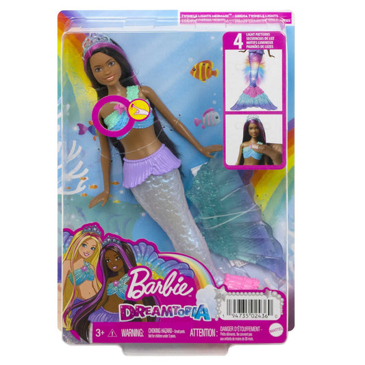 Barbie Mermaid Doll with purple-streaked hair and light-up tail, featuring water-activated twinkle effects in Barbie Dreamtopia.