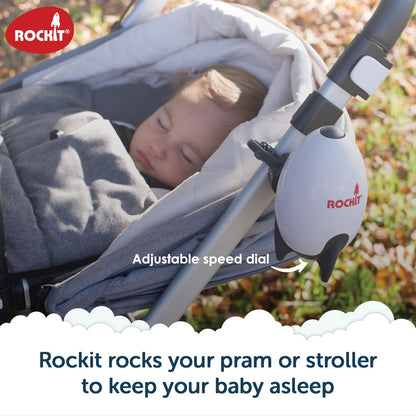 ROCKIT Rocker rechargeable baby sleep aid attached to stroller, adjustable speed, 60-minute timer, universal fit for prams and buggies.