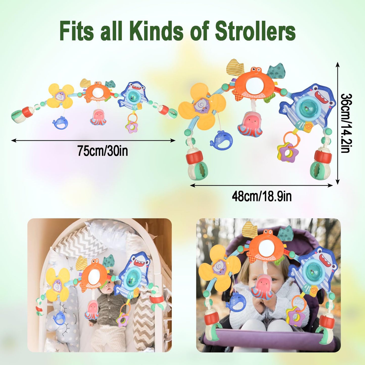 Coriver baby arch pram toys with adjustable clip-on bouncer toy bar, musical crib mobile, sensory stroller travel toy for infants