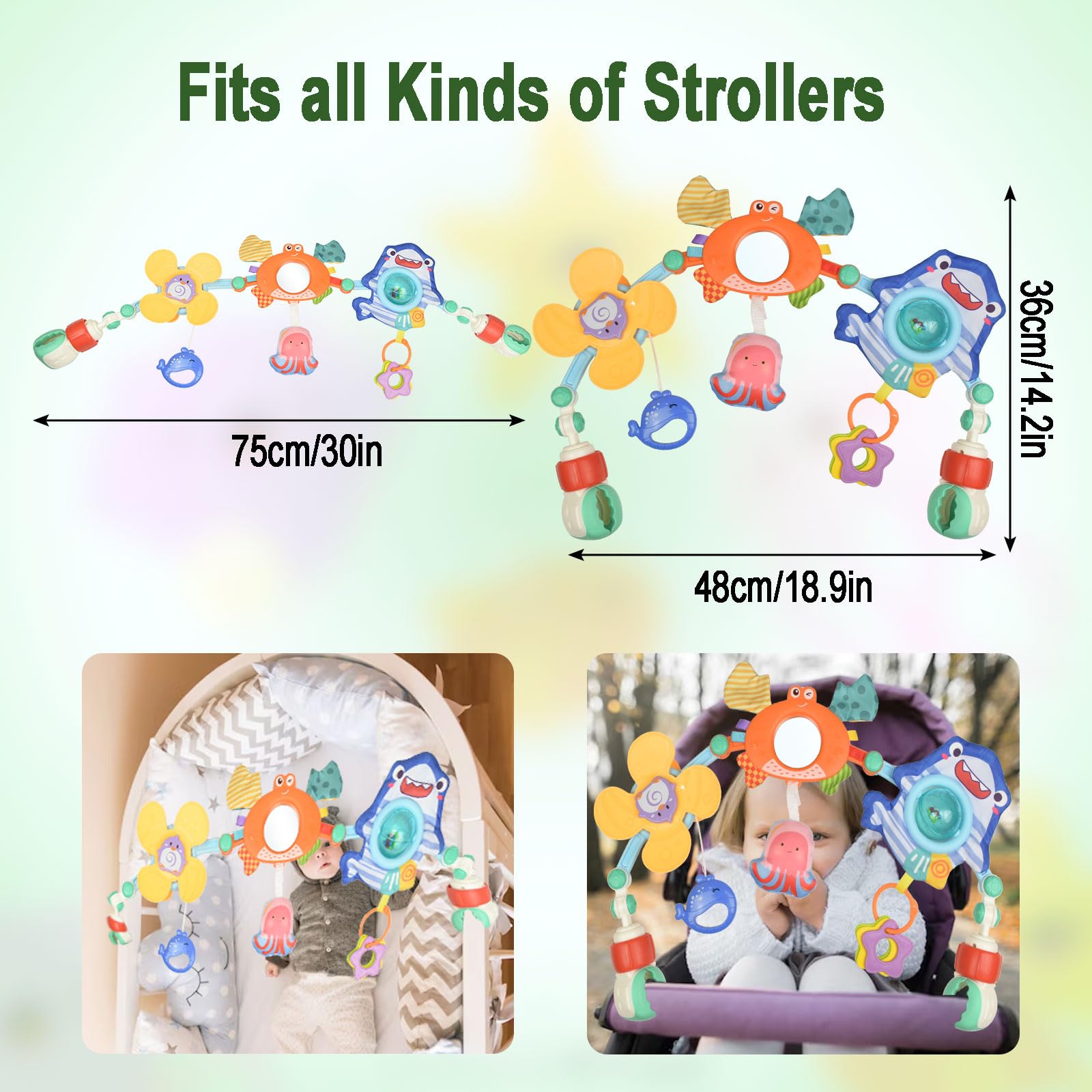 Coriver baby arch pram toys with adjustable clip-on bouncer toy bar, musical crib mobile, sensory stroller travel toy for infants