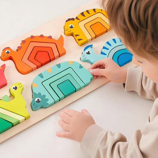 Wooden Dinosaur Building Blocks Puzzle Toys for Kids,Color Sorting Jigsaw Toy for Toddlers,Montessori Puzzles Panel for 3 Years+