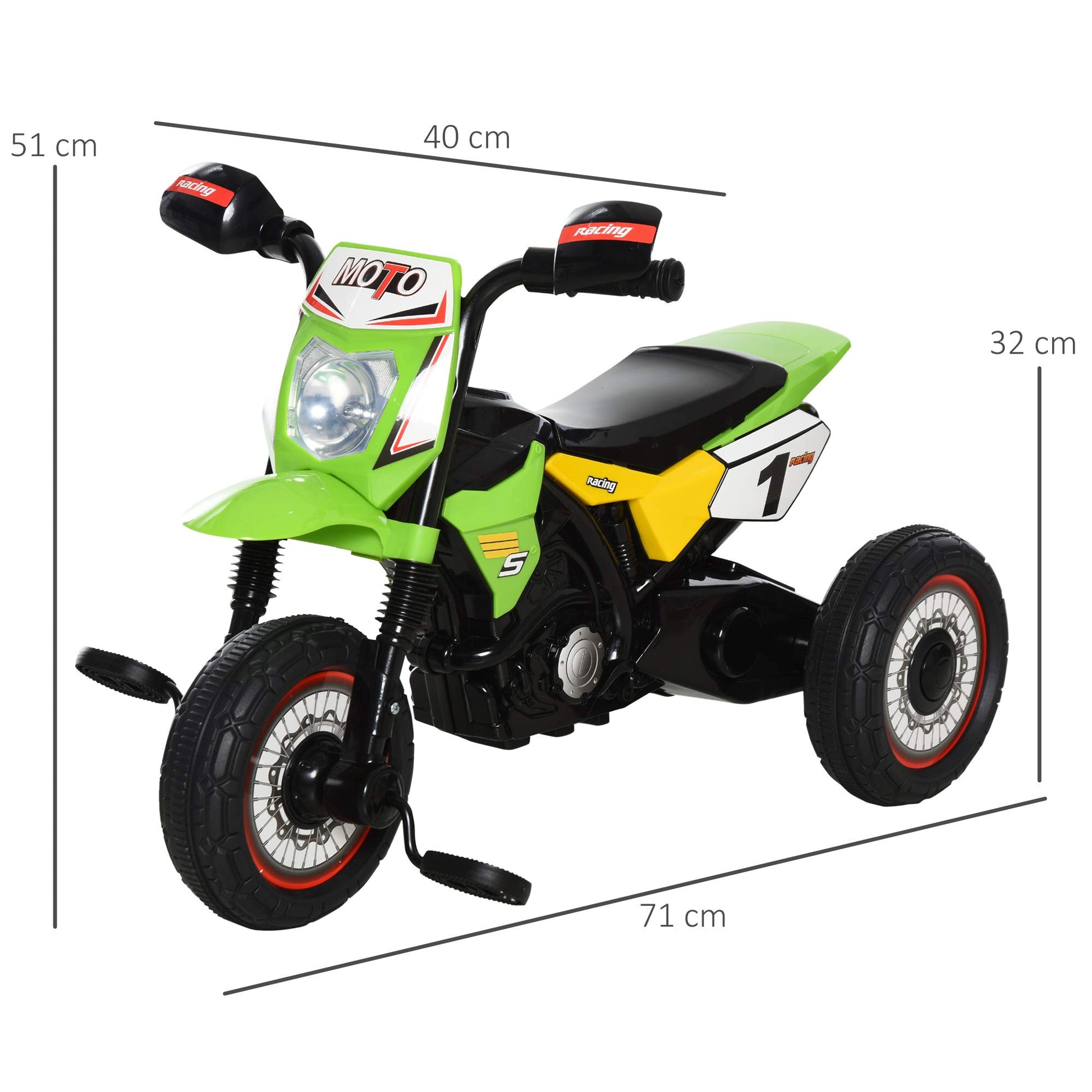 HOMCOM green toddler trike with music lights, stickers, and handlebar for kids 18-36 months, promoting early learning and exercise.