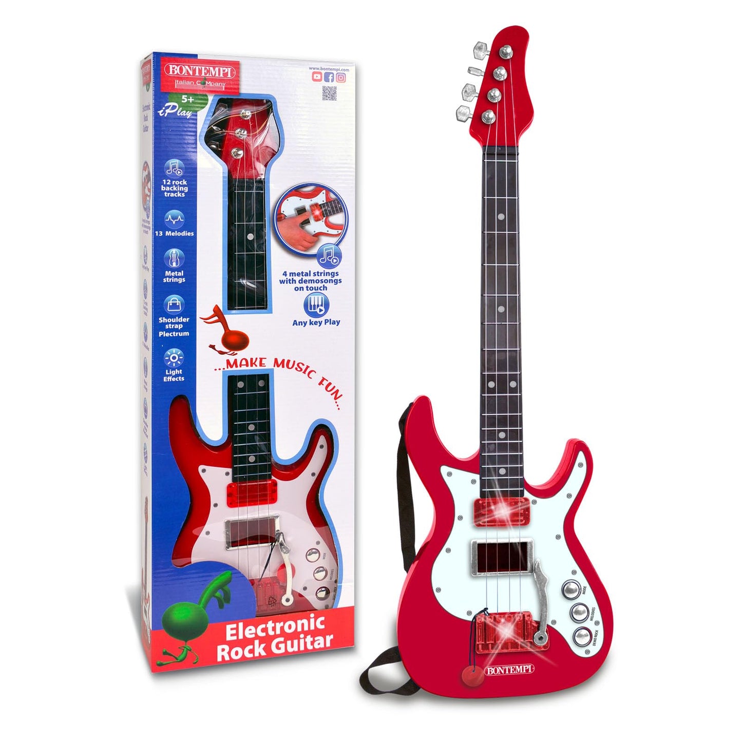 Bontempi electric guitar with a sleek black body, six strings, and tuning pegs, ready for a musical performance.