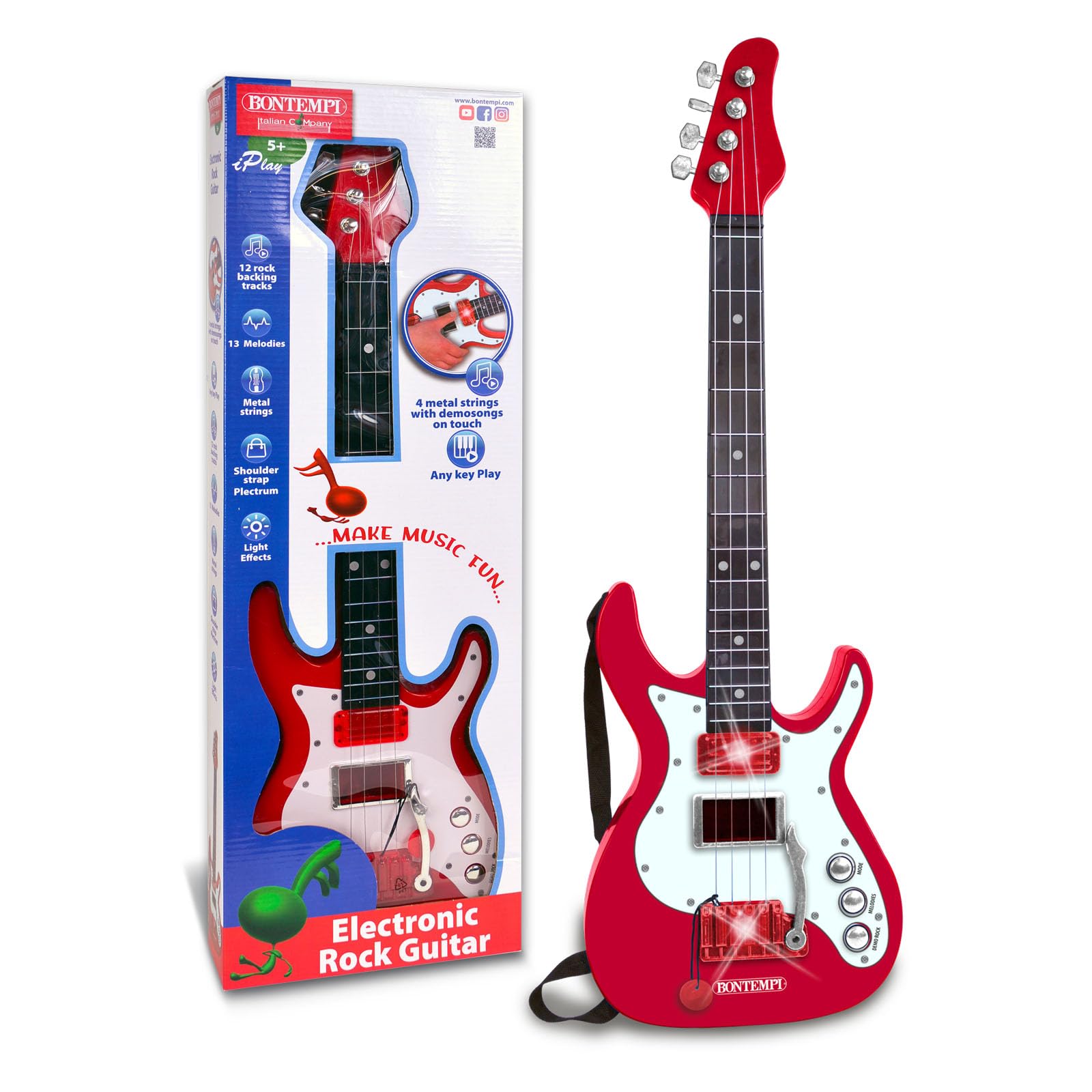 Bontempi electric guitar with a sleek black body, six strings, and tuning pegs, ready for a musical performance.