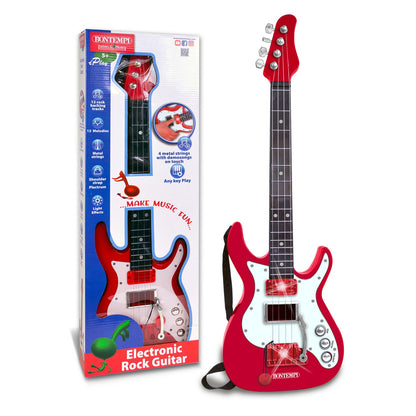 Bontempi electric guitar with a sleek black body, six strings, and tuning pegs, ready for a musical performance.