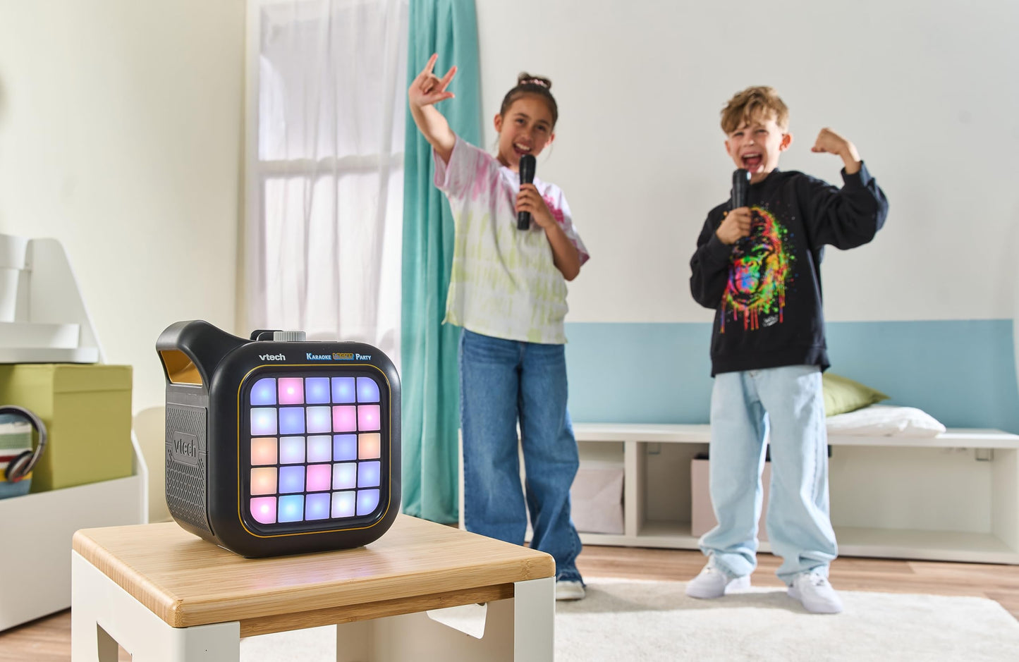 VTech Karaoke Light Party machine with two wireless mics, Bluetooth speaker, colorful light show, and built-in games for teens