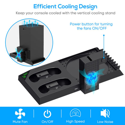 FYOUNG cooling stand with controller charger for Xbox Series X, featuring rechargeable batteries, cooling fan, headset holder, and game slots.
