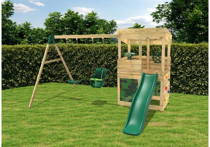 Rebo® Wooden Lookout Tower Playhouse with 6ft Slide with Swings - Zion | OutdoorToys | Pressure Treated Timber, Baby Swing, Secret Den, Climbing Wall, either Binoculars or Telescope & Steering Wheel