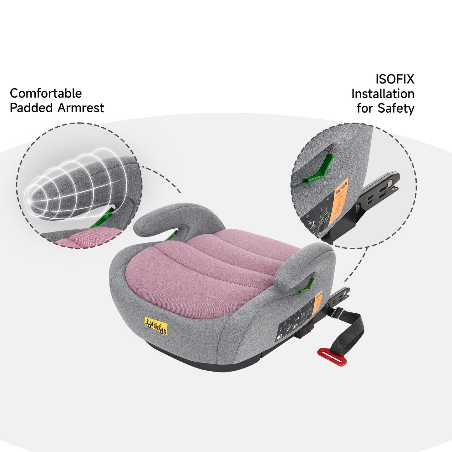 Jovikids I-Size Booster Seat for Car with ISOFIX, 125-150cm (Group 2/3, 6-12 Years), Portable Booster Seat for Kids, Comfortable, Compact, Convenient for Everyday Use, Great for Travel, ECE R129, Pink