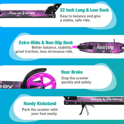 BELEEV Scooter for Kids Ages 6+, 200mm Big Wheel adult Scooters for Boys and Girls, 4 Adjustable Handlebar, Front Suspension, 2 Wheels Scooter with Carry Strap, up to 100Kg(Galaxy Purple)