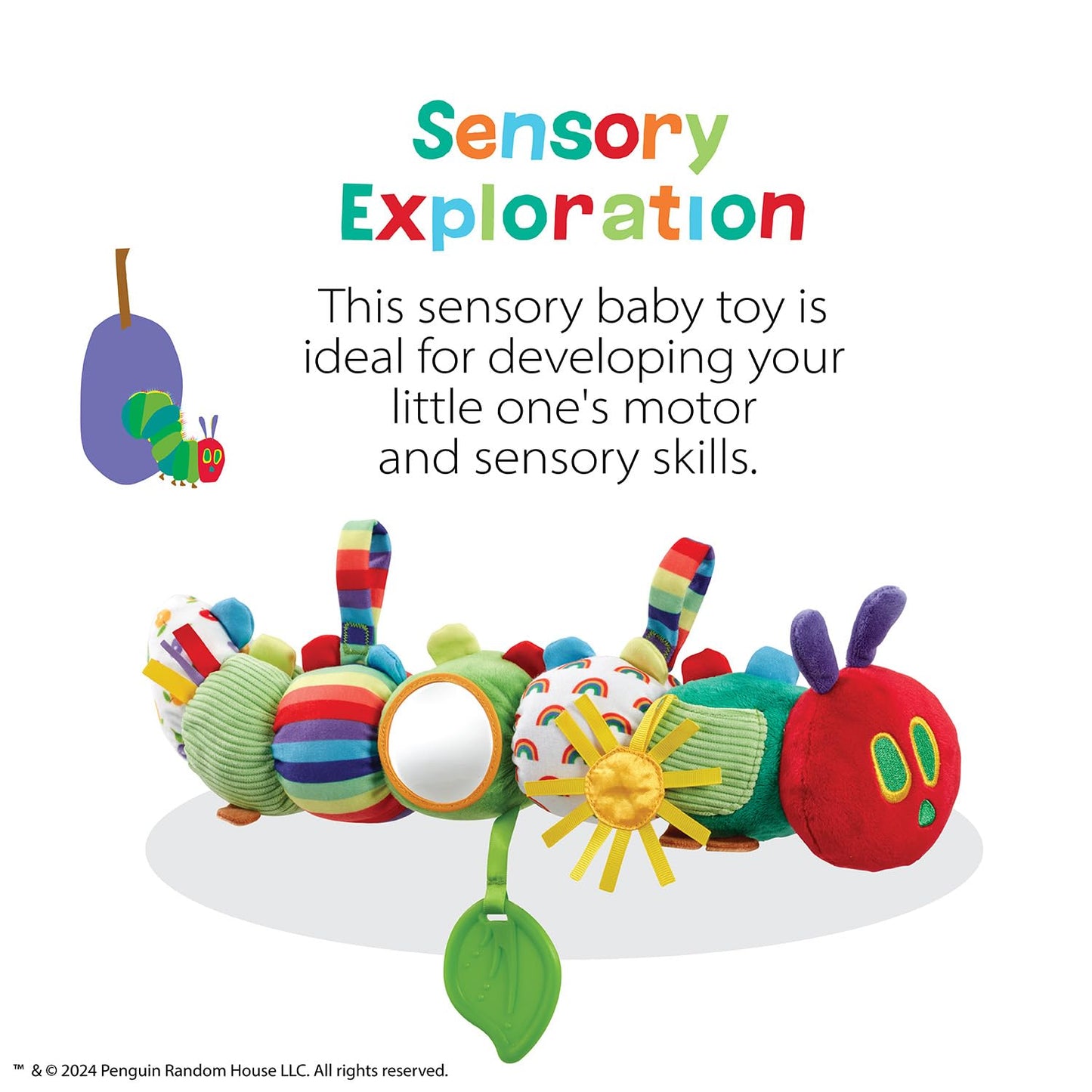 Rainbow Designs Very Hungry Caterpillar Sensory Baby Toy - Soft Activity Toy with Crinkle Sounds, Rattle, Mirror & Teether - Learning Activity Toy for Toddlers- Buggy & Cot Attachable