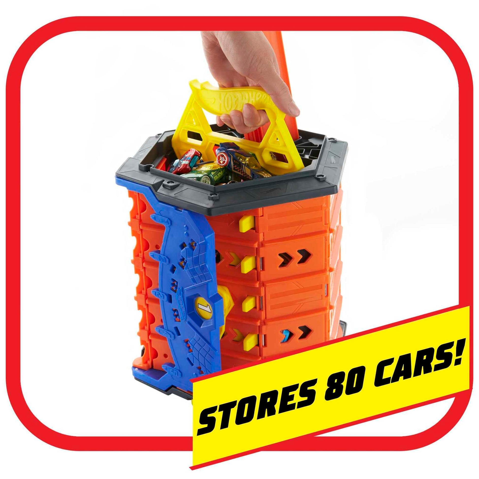 Hot Wheels Track Builder Action Roll Out Raceway set with 5 lane racetrack and storage bucket, includes 1 toy car.