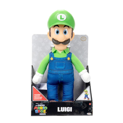 Nintendo Super Mario Bros. Luigi plush toy, fully articulated poseable figure with realistic eyes and detailed 3D outfit, 14-inch tall.