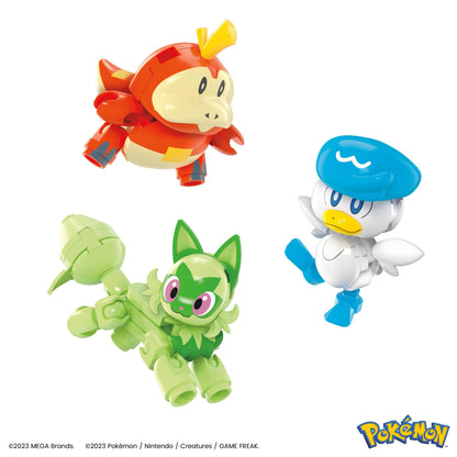 MEGA Pokémon action figure building set featuring Pikachu, Fuecoco, Sprigatito, Quaxly, and a Poké Ball with 79 pieces.