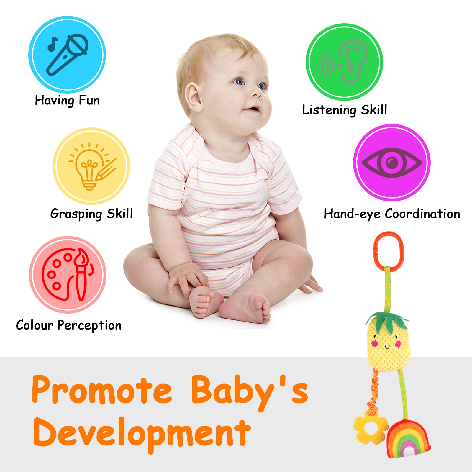 Neerow 3-pack baby pram toy set with plush hanging rattles, clip-on stroller toys for newborns 0-6 months, sensory car seat activity toys