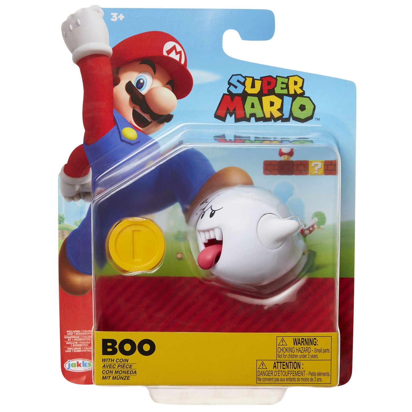 Super Mario Nintendo Boo 4-inch articulated action figure with coin accessory, ideal for kids and collectors.