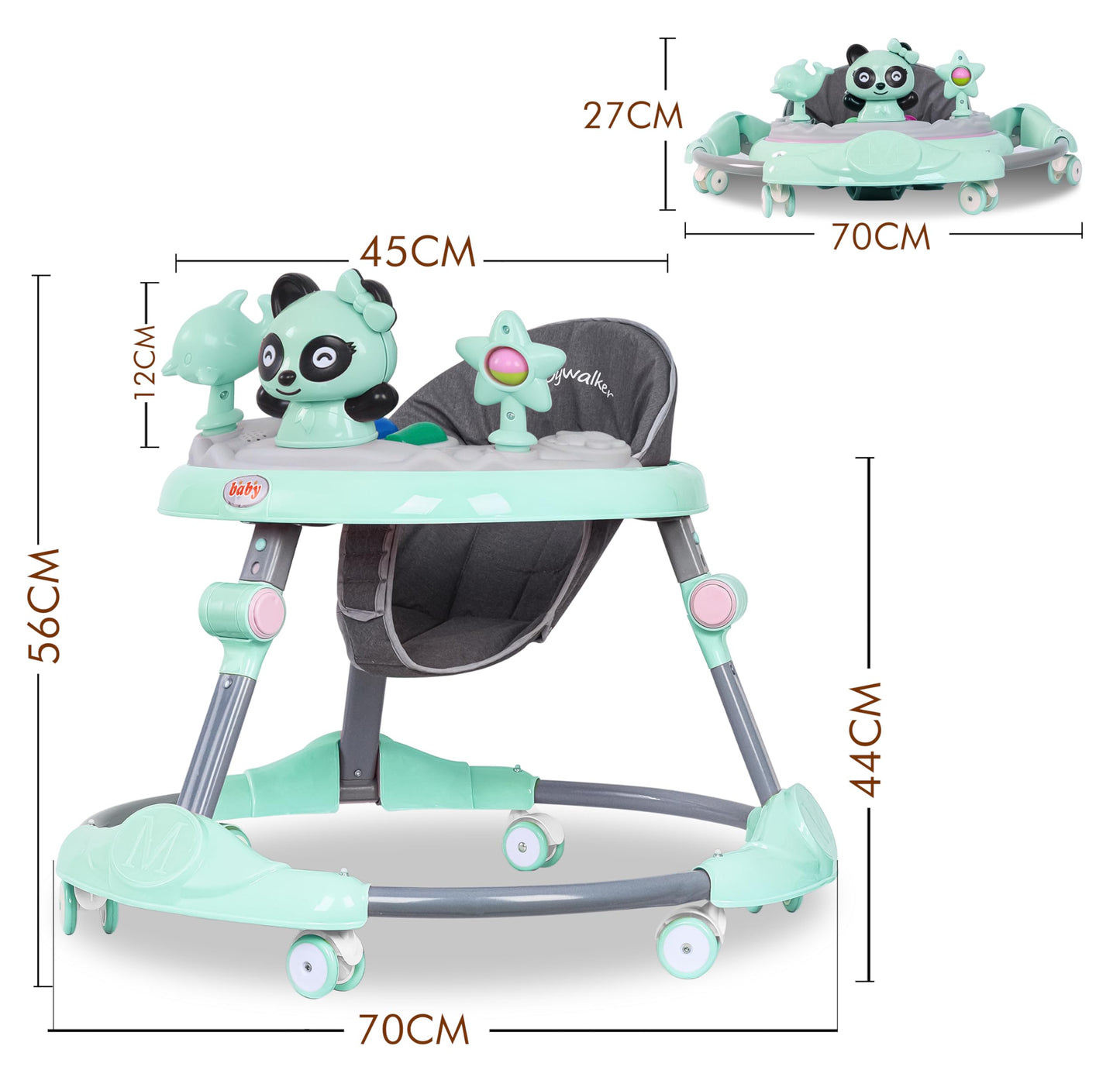 FK Sports baby walker in green with adjustable height, activity center, music, toys, food tray, and silent wheels for 6-18 months.