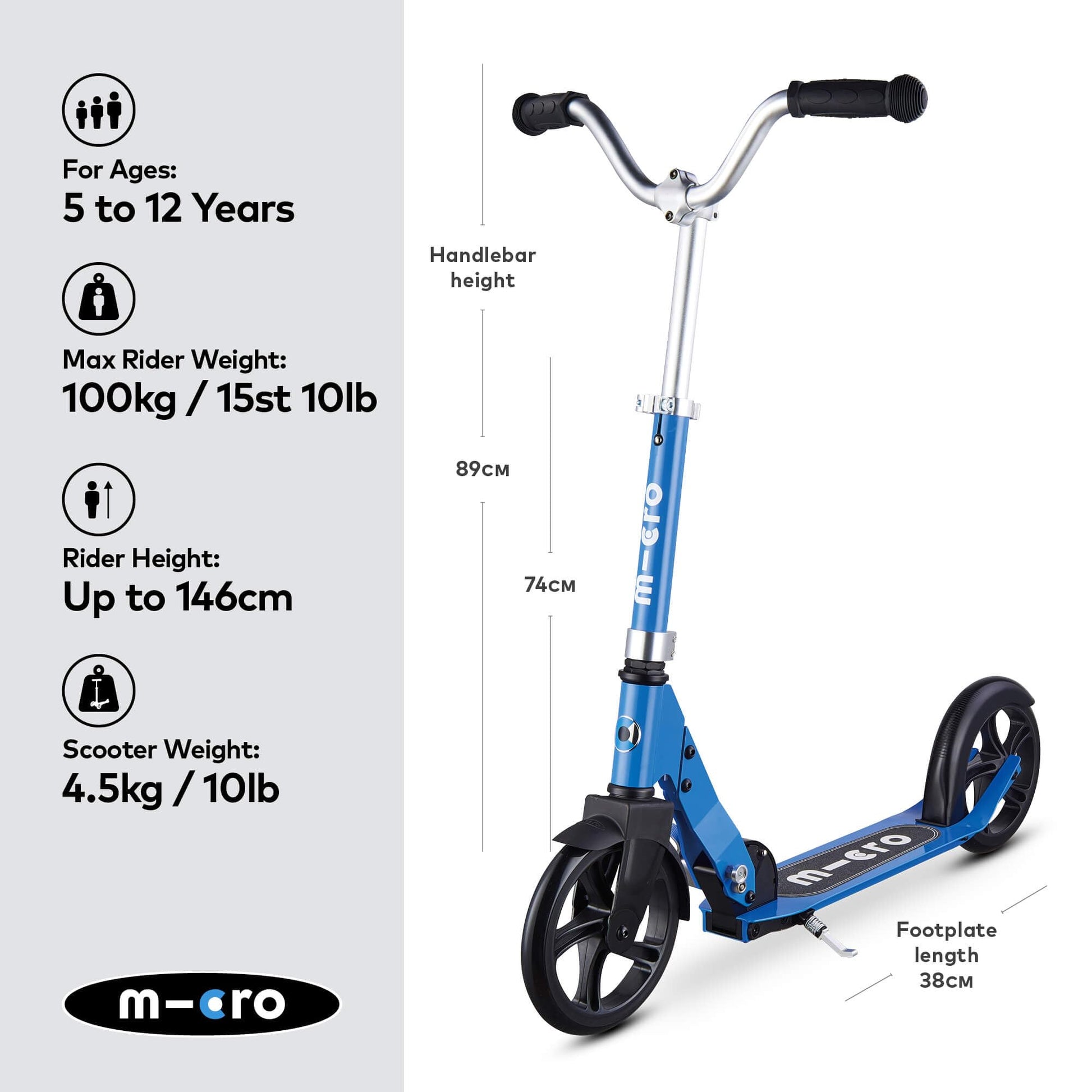 Blue Micro Cruiser children's scooter with adjustable handlebar, lightweight design, and kickstand for ages 5-12.