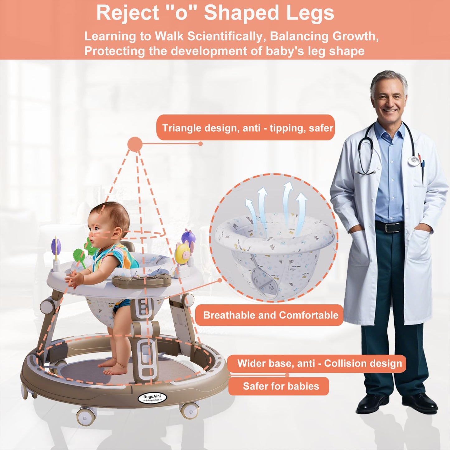 RuguAini 360° rotating baby walker in khaki with foldable design, height adjustable, silent wheels, and music features for infants.