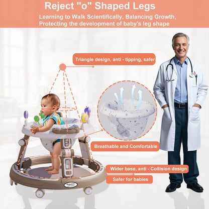 RuguAini 360° rotating baby walker in khaki with foldable design, height adjustable, silent wheels, and music features for infants.
