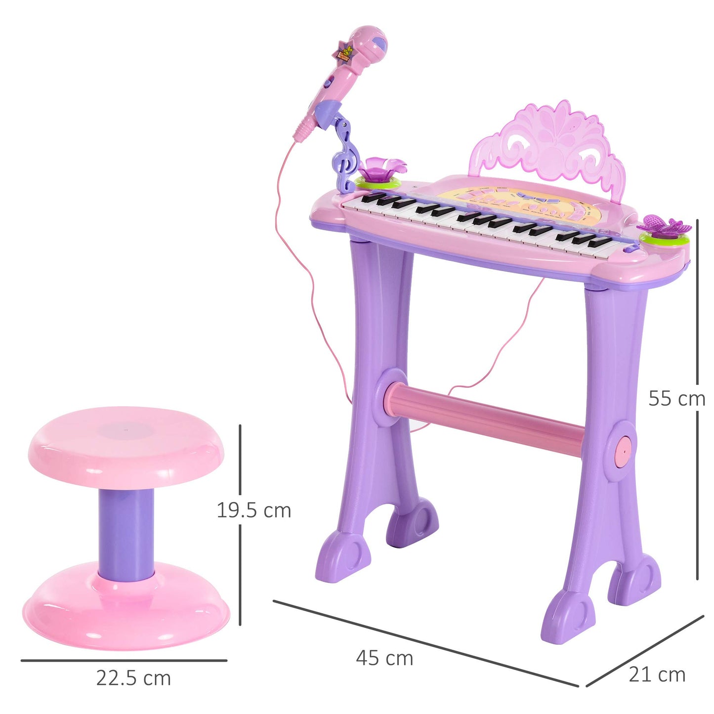 HOMCOM 32-key kids mini electronic keyboard with microphone, educational toy, and matching piano stool for children.