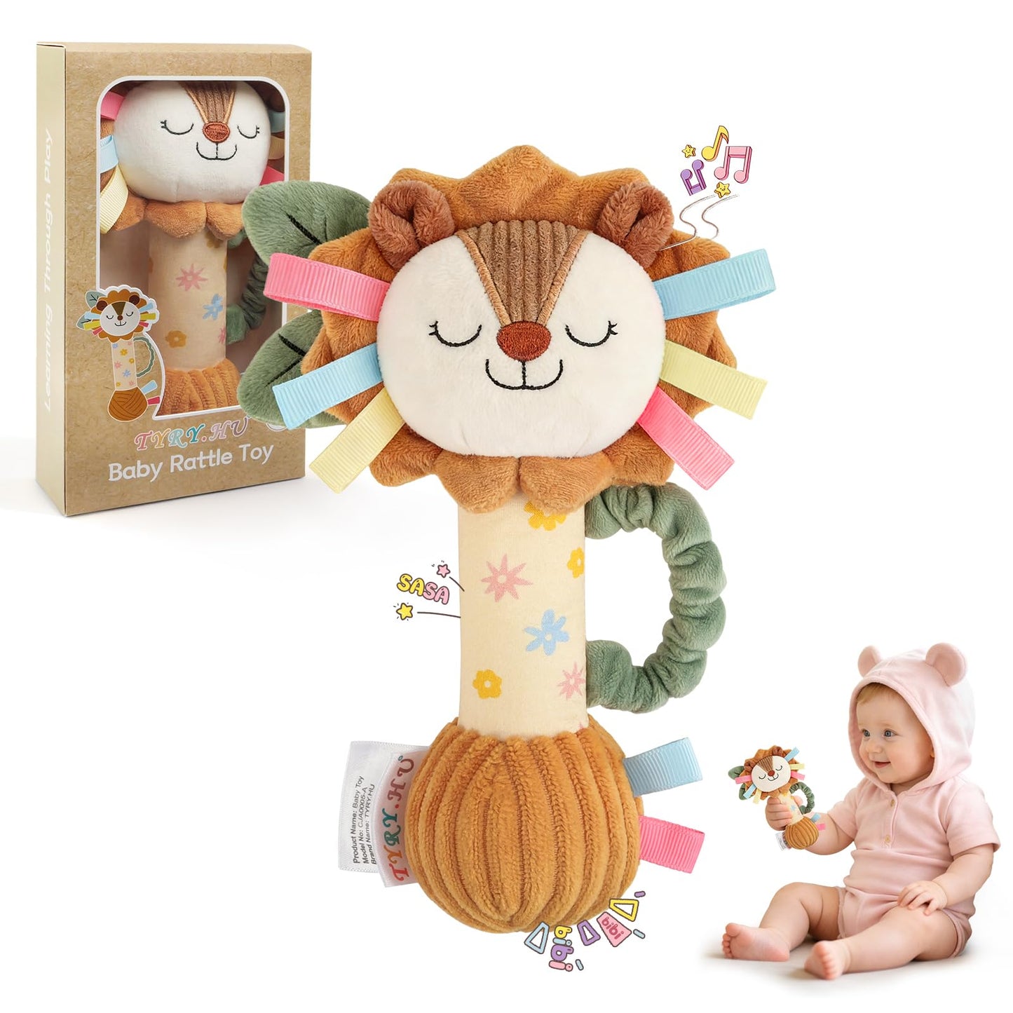 TYRY.HU Baby Rattle Toy,Plush Lion Sensory Shaker with Bells, Crinkle & Squeaker,Soft Sensory Toy with Sound for Newborn Infant Toddler Girls Boys 0-12 Months