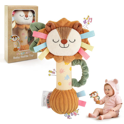 TYRY.HU Baby Rattle Toy,Plush Lion Sensory Shaker with Bells, Crinkle & Squeaker,Soft Sensory Toy with Sound for Newborn Infant Toddler Girls Boys 0-12 Months