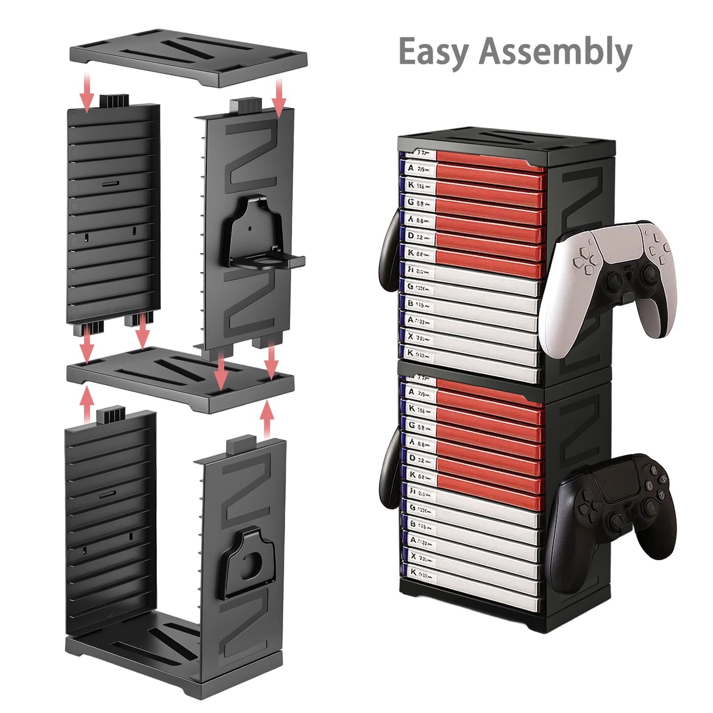JF HOME BLISS Game Storage Tower Universal Vertical Stand Holds 24 Discs for PS5 Xbox Series X/S Switch PS4 Blu-Ray Double-Tier Organizer with Controller Hooks Space-Saving Design for Gamers