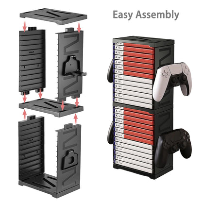 JF HOME BLISS Game Storage Tower Universal Vertical Stand Holds 24 Discs for PS5 Xbox Series X/S Switch PS4 Blu-Ray Double-Tier Organizer with Controller Hooks Space-Saving Design for Gamers