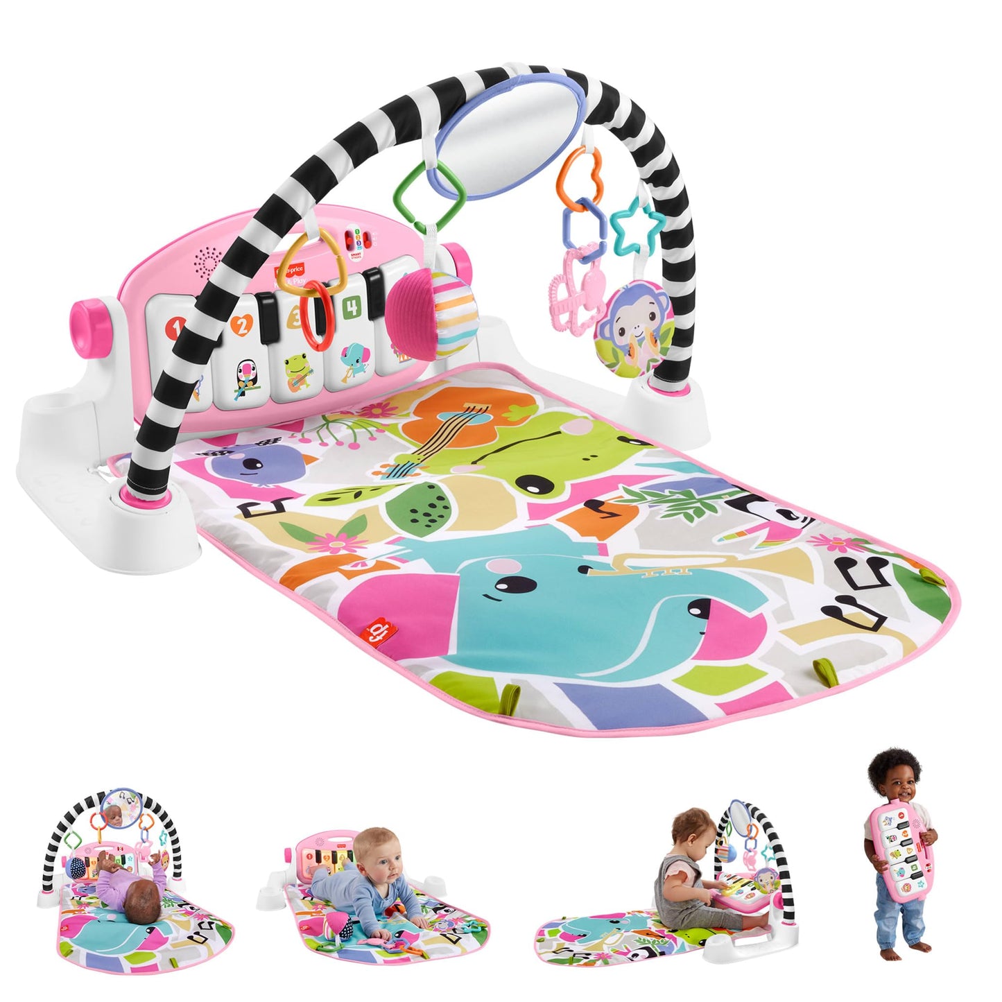 Fisher-Price Glow and Grow Kick & Play Piano Gym in pink with colorful toys and musical piano for babies age 0+ months.