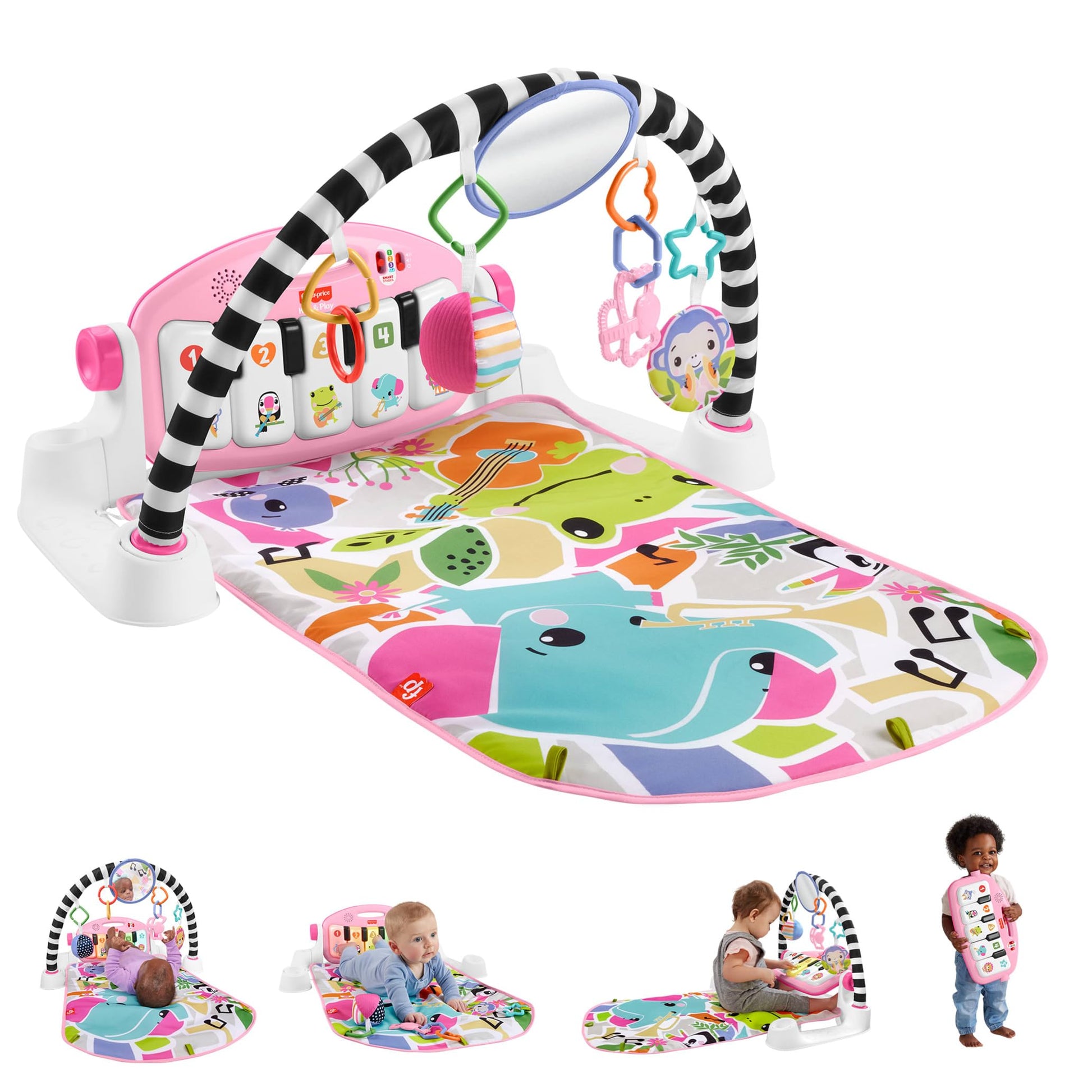 Fisher-Price Glow and Grow Kick & Play Piano Gym in pink with colorful toys and musical piano for babies age 0+ months.
