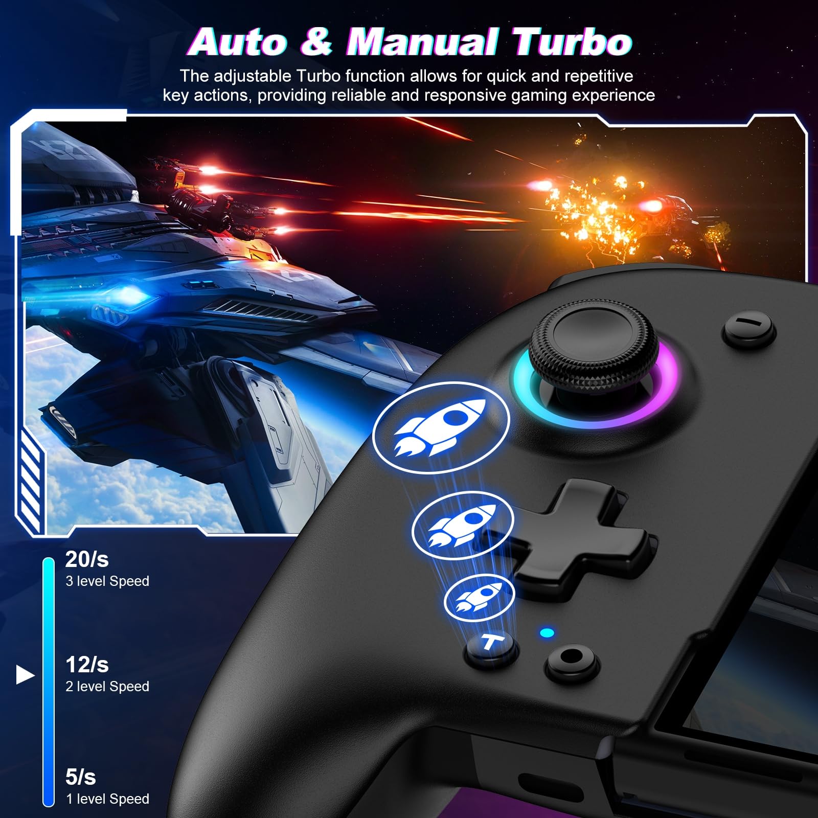 Fanxieast wireless Switch Pro controller with ergonomic design, programmable buttons, RGB lighting, vibration, turbo, and motion control.