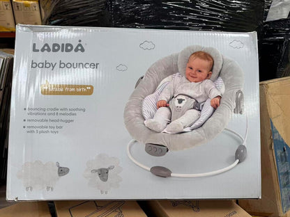 LADIDA Soft Padded Lamb Bouncer for newborns 0-6 months with plush fabric, soothing music, and gentle vibration.
