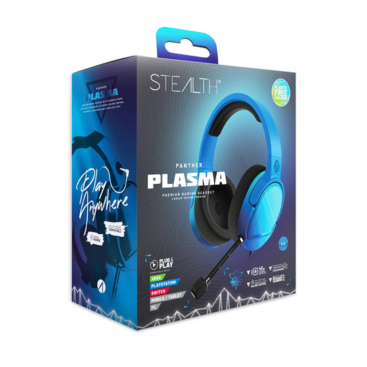 STEALTH PANTHER Headset Range in Plasma Blue, showing the gaming headset with adjustable headband and large ear cups.