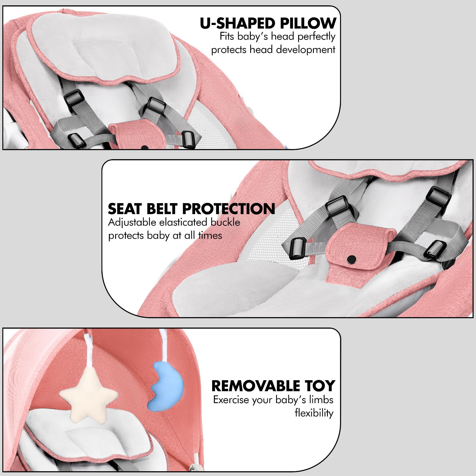 Pink fk sports baby bouncer with soft toys, touch panel, remote control, 5 swing speeds, 3-stage timer, and 5-point harness.