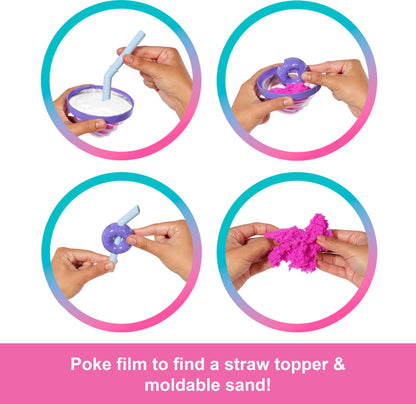 Barbie Pop Reveal Treat Series fashion doll with donut theme, pet, and accessories, featuring color-changing surprises.