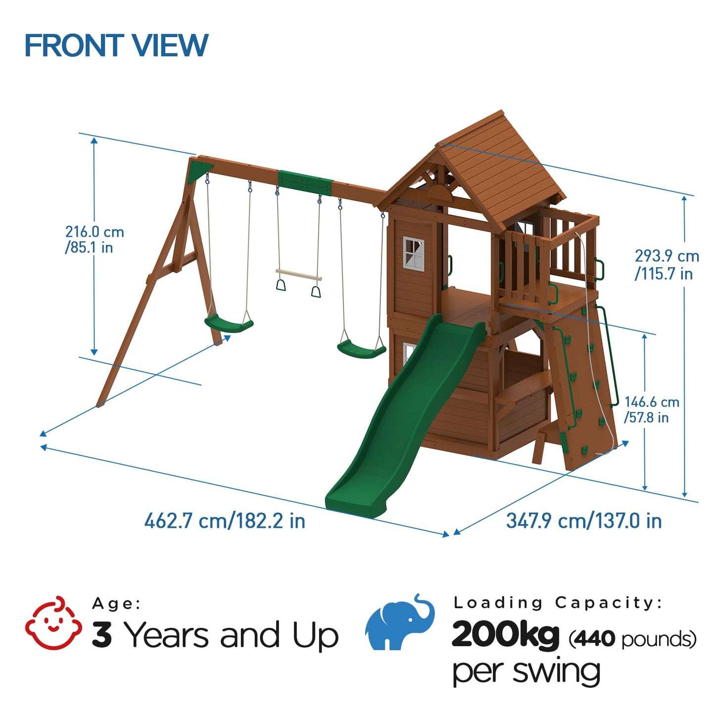 DOLPHIN PLAYGROUND T Swing Set for Backyard with Slide, 2 Swings, Trapeze Bar, Climbing Wall, Play house for Kids Outdoors with Kitchen Toys and Wooden Roof – Cedar Wood Outdoor Playset for Ages 3+