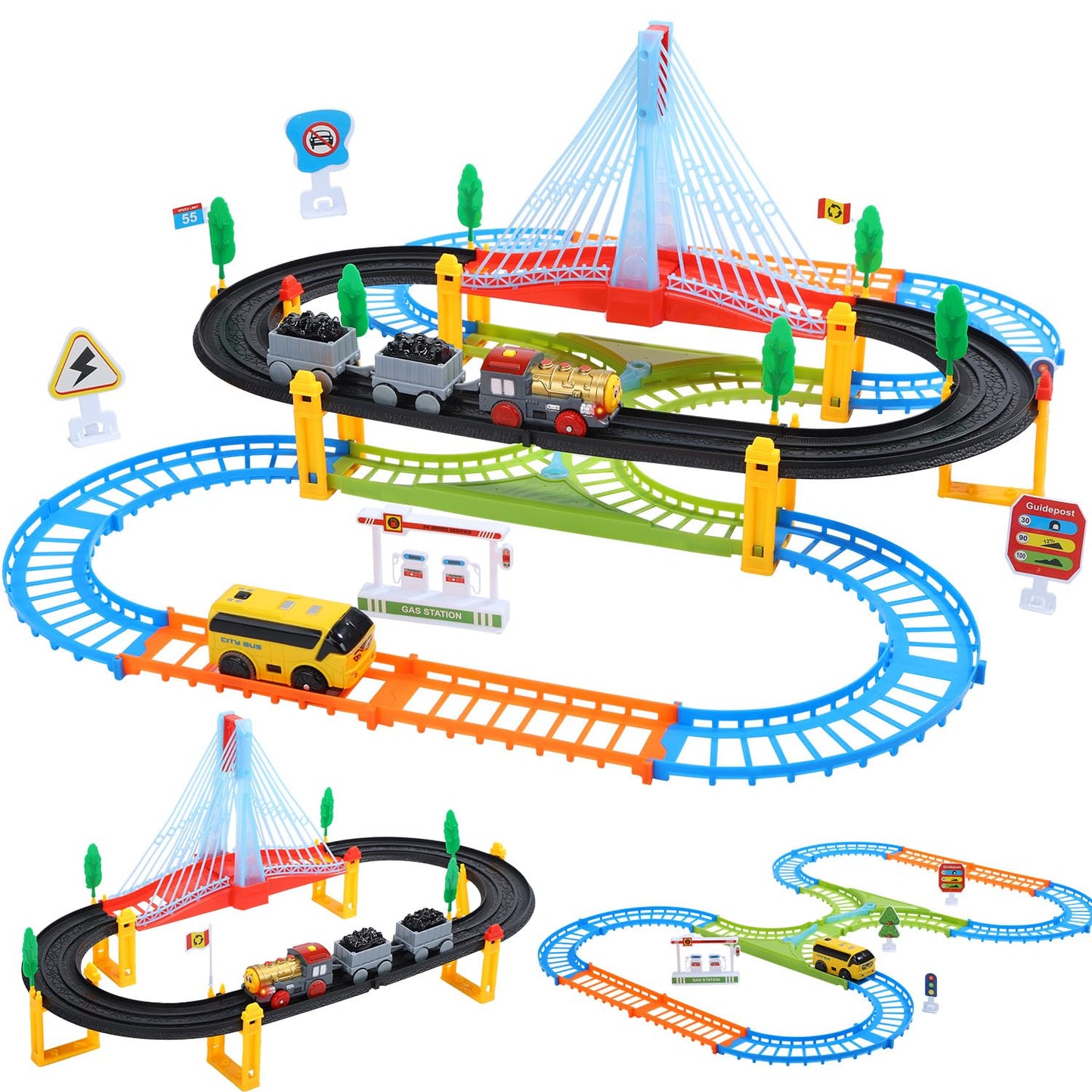 EagleStone electric train set with double layer tracks, illuminated bridge, signs, and accessories for kids aged 3-8.