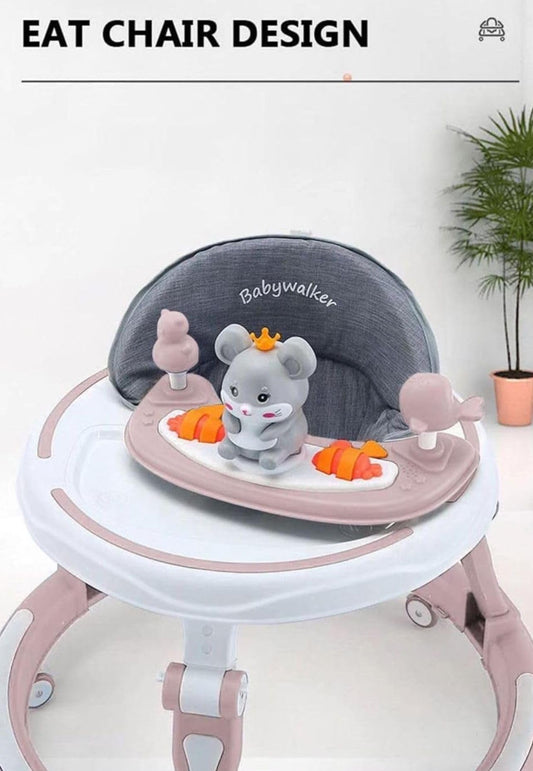 Pink adjustable baby walker with foldable design, feeding tray, interactive music, toys, lights, and safety wheel brakes.