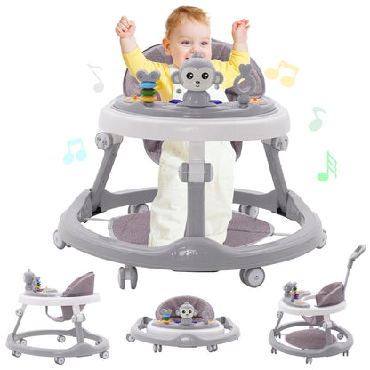 Maycoly foldable 3-in-1 baby walker with seat, foot pads, light, sound, adjustable height, and compact design for boys and girls.
