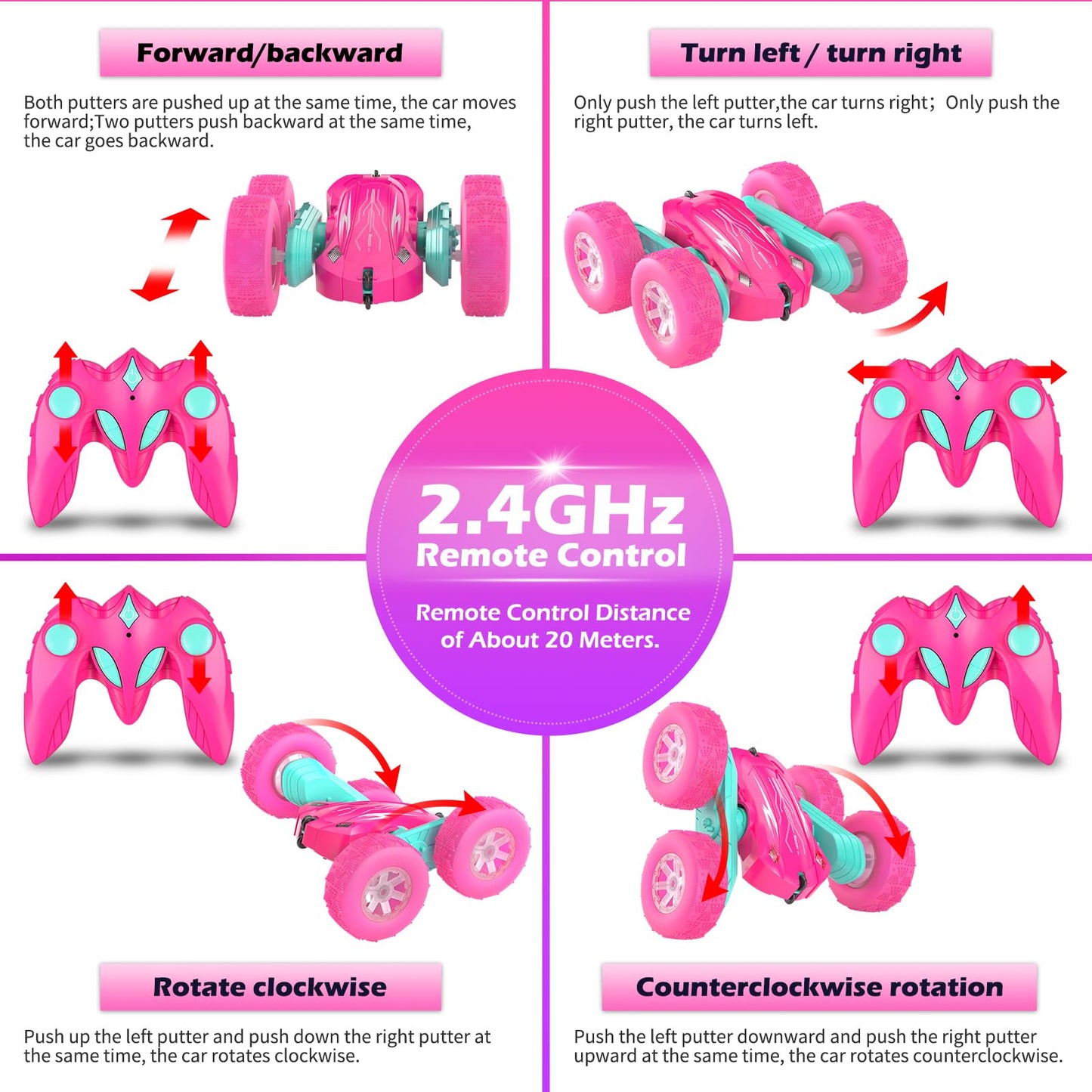 Rodzon 3300 Remote Control Car for Kids Toys 3 4 5 6 Years Old Girl,4X4 Crawlers Wheel Lights RC Car,Christmas Birthday Gift Boy Girls Age 3-12 Years,Pink