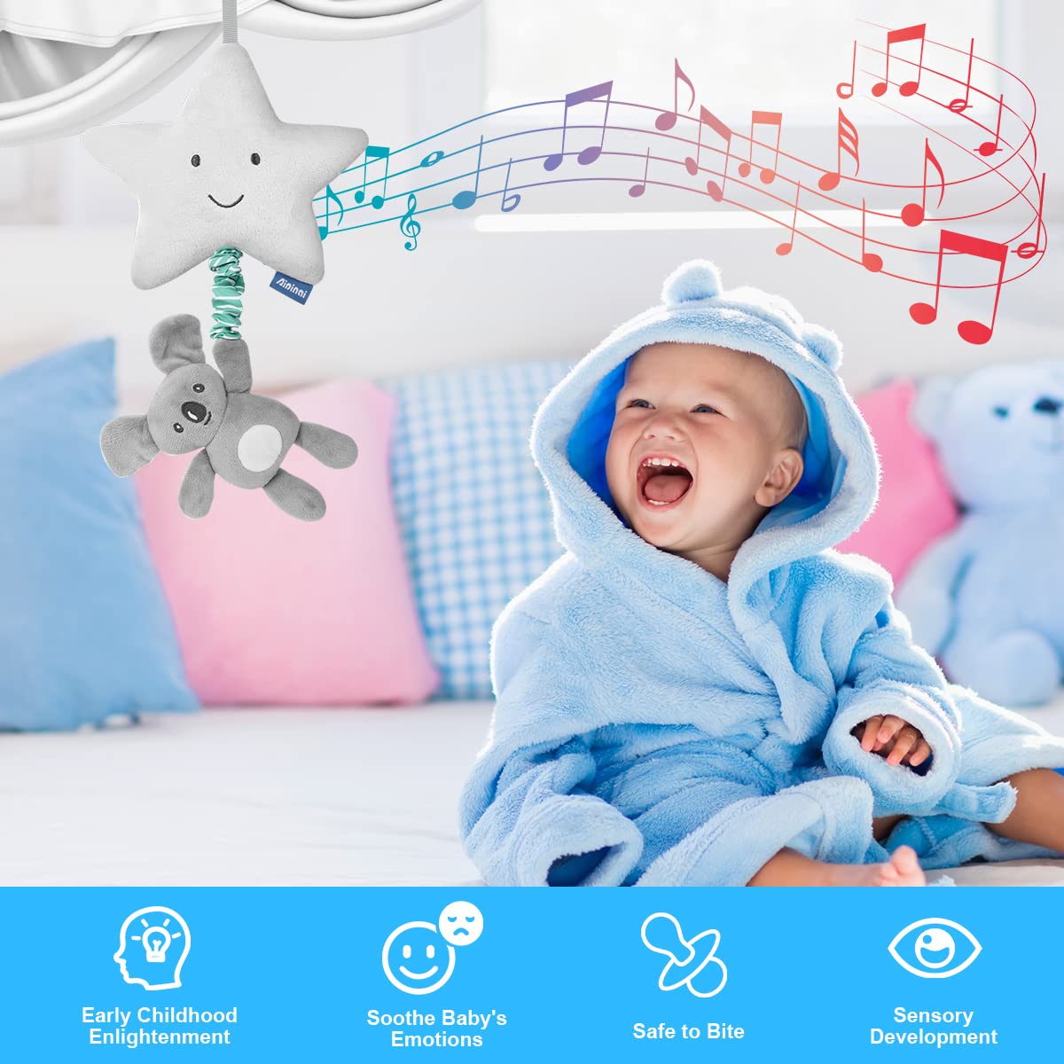 Vicloon baby pram toys, plush soft toys with music, designed for pushchair activity and baby entertainment.