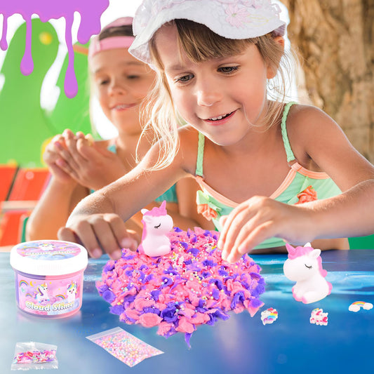 Pink and purple unicorn cloud slime with rainbow charms, soft and scented, stretchy sensory toy for kids by Petyuioyu.