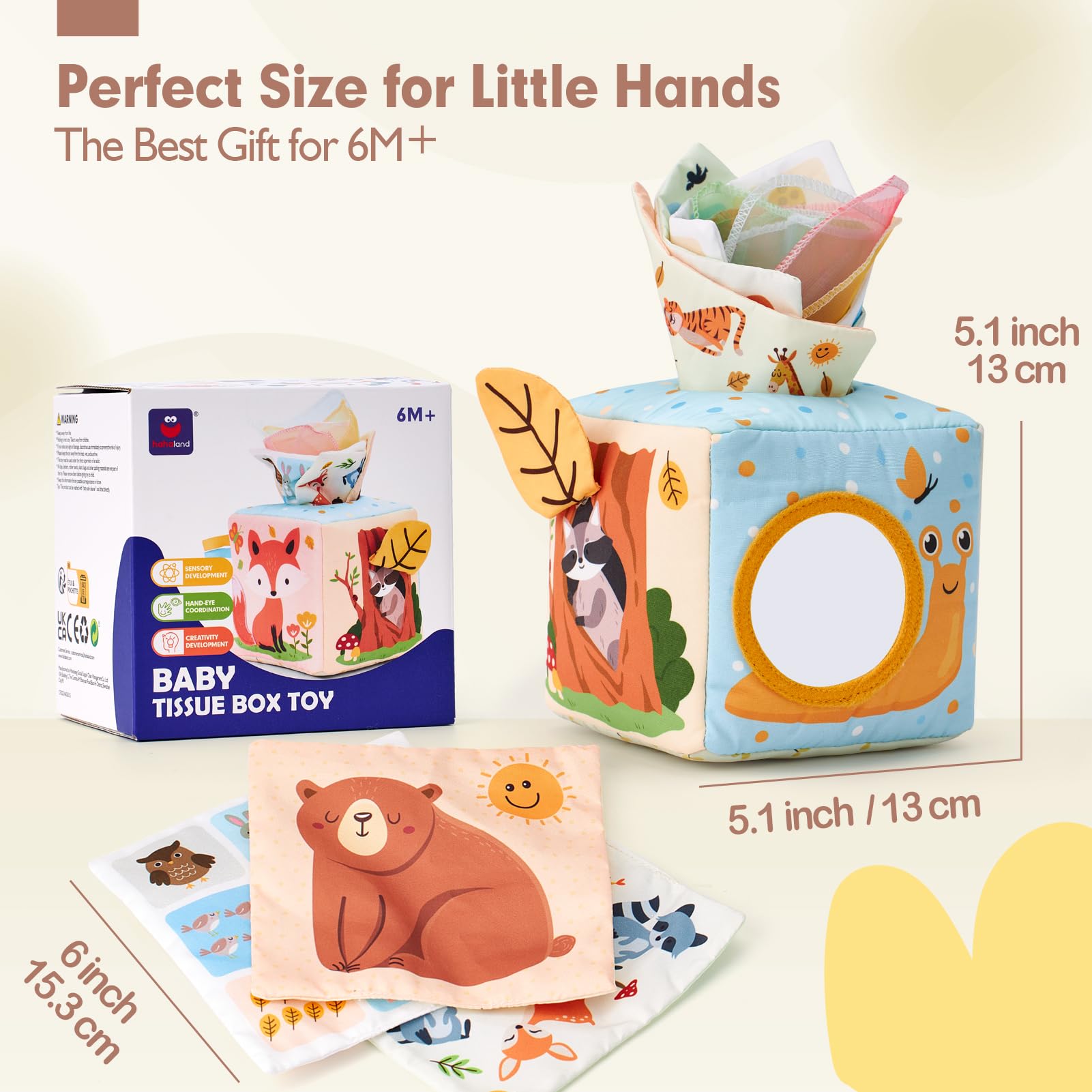 hahaland baby tissue box toy with colorful tissues, designed as a sensory toy for infants 6-12 months old.