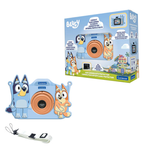 LEXIBOOK, Bluey 4-in-1 Kids' Camera with Protective Case, Photo, Video, MP3, and Game Functions, 15 Frames to Personalize Your Photos, Includes 8 GB Memory Card, DJ078BYLXB